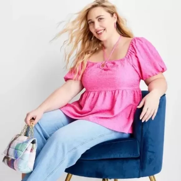 XL Textured Pink Square Tie Neckline Puffed Short Sleeve Top Future Collective - Picture 3 of 9
